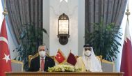 Amir H H Sheikh Tamim bin Hamad Al Thani and Turkish President H E Recep Tayyip Erdogan during the 7th session of Qatari-Turkish Supreme Strategic Committee held yesterday at Amiri Diwan.