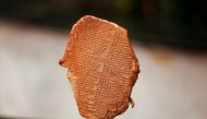 The Gilgamesh Dream Tablet, stolen from Iraq in 1991 and returned to Iraq after it was seized by the U.S. government, is displayed at the Ministry of Foreign Affairs in Baghdad, Iraq December 7, 2021. REUTERS/Saba Kareem=
