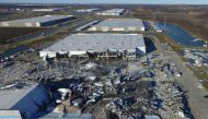 The site of a roof collapse at an Amazon.com distribution centre a day after a series of tornadoes dealt a blow to several US states, in Edwardsville, Illinois, US December 11, 2021. Reuters/Drone Base