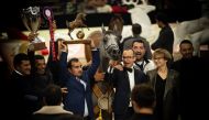 Al Shaqab officials celebrate after Siwar Al Shaqab emerged Junior Filly World Champion at the 2021 Arabian Horse World Championship in Paris.