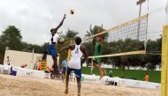 Qatar’s Tijan Ahmed and Abdullah Nasim in action against Saudi Arabia's Ali Mahfouz and Hassan Alabdulbaqi in their opening Group A encounter of the West Asia Beach Volleyball Zonal Tour at the Aspire Zone Beach Volleyball Courts, yesterday.