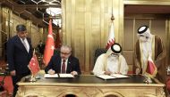 Shura Council Speaker H E Hassan bin Abdullah Al Ghanem and Speaker of the Grand National Assembly of Turkey H E Mustafa Sentop signing the MoU.