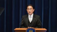 Japanese Prime Minister Fumio Kishida speaks during his press conference, after the parliament re-elected him as prime minister following an election victory last month by his ruling Liberal Democratic Party, in Kantei, Japan November 10, 2021. Stanislav Kogiku/ Pool via REUTERS