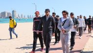 Minister of Commerce and Industry H E Sheikh Mohammed bin Hamad bin Qassim Al Thani and other officials during sports activities held at Katara Cultural Village.