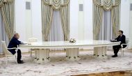 FILE PHOTO: Russian President Vladimir Putin attends a meeting with French President Emmanuel Macron in Moscow, Russia February 7, 2022. Sputnik/Kremlin via REUTERS