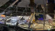 The white-domed roof of the O2 arena is seen damaged by the wind, as a red weather warning was issued due to Storm Eunice, in London, Britain, February 18, 2022. Reuters/May James
