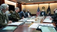 US President Joe Biden convenes a meeting of the National Security Council to discuss latest developments regarding Russia's military buildup on the borders of Ukraine, in Washington, U.S. February 20, 2022. White House/Handout via Reuters
