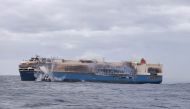 FILE PHOTO: The ship, Felicity Ace, which was traveling from Emden, Germany, where Volkswagen has a factory, to Davisville, in the U.S. state of Rhode Island, burns more than 100 km from the Azores islands, Portugal, February 18, 2022. Portuguese Navy (Marinha Portuguesa)/Handout via REUTERS