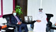 Qatar Chamber First Vice-Chairman Mohamed bin Towar Al Kuwari (right) with the Minister of Industry and Commerce of Mozambique H E Carlos Mesquita, during a meeting, yesterday.  