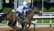 Jockey Olivier Peslier guides Thomas Fourcy-trained Hadi De Carrerre towards the finish line during the Obaiya Arabian Classic Cup (Gr.2 PA).