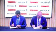 Deputy Group Chief Executive Officer and Chief Executive Officer of Ooredoo Qatar Sheikh Mohammed bin Abdulla Al Thani (left) with President of Ericsson Middle East and Africa Fadi Pharaon during the signing ceremony. 
