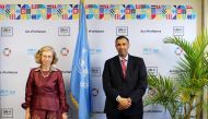 Minister of Environment and Climate Change H E Sheikh Dr. Faleh bin Nasser bin Ahmed bin Ali Al Thani with Executive Director of the UN Environment Program Inger Andersen.