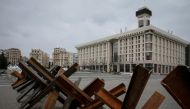 Anti-tank constructions are seen in central Kyiv, Ukraine March 7, 2022. REUTERS/Gleb Garanich