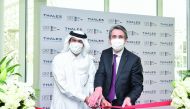Minister of State and Chairman of Qatar Free Zones Authority H E Ahmad bin Mohamed Al Sayed, and Chairman and CEO of Thales Patrice Caine during the inauguration ceremony of Thales headquarters and Digital Competence Centre in Qatar Free Zones.