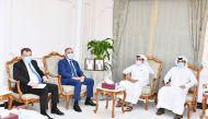 Armenia’s Minister of Economy H E Vahan Kerobyan with Qatar Chamber (QC) Chairman Sheikh Khalifa bin Jassim Al Thani, Ambassador of Armenia to Qatar H E Armen Sargsyan and QC General Manager Saleh bin Hamad Al Sharqi, during a meeting in Doha, yesterday. 