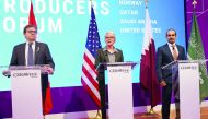 Minister of State for Energy Affairs H E Saad Sherida Al Kaabi with the Secretary of Energy of the United States Jennifer M Granholm and  Jonathan Wilkinson, the Minister of Natural Resources of Canada during the event.