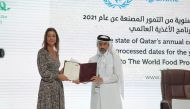 Youssef Khaled Al Khulaifi, Director of the Agricultural Affairs Department, handing over the contribution to Caterina Galluzzi, WFP Deputy Director for the GCC region, at a ceremony yesterday.