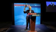 British Prime Minister Boris Johnson gestures at the Conservative Party Spring Conference in Blackpool, Britain March 19, 2022. (REUTERS/Phil Noble)
