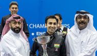QBSF President Mohammed Mubarak Al Ramzani and president of Asian Confederation of Billiards Mohammed Salem Al Nuami with India’s Pankaj Advani.