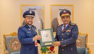 Chief of Staff of the Armed Forces Staff Lieutenant General (Pilot) H E Salem bin Hamad bin Aqeel Al Nabit (right) presents a plaque to Chief of the General Staff of the Kingdom of Saudi Arabia H E  Lieutenant General Fayyad bin Hamed Al Ruwaili. 