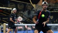 Juan Lebron and Alejandro Galan in action during the second round of the Premier Padel Ooredoo Qatar Major 2022 at the Khalifa International Tennis and Squash Complex in Doha, yesterday.