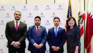 The State of Qatar Commercial Attaché to the United States Fahad Al Dosari, USQBC Managing Director and Treasurer of the Board of Directors Mohammed Barakat; Consul General of State of Qatar in Los Angeles Mansoor Al Sulaitin; and President and CEO, Los Angeles Area Chamber of Commerce Maria S Salinas pose for a group photo.