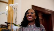 U.S. Supreme Court nominee Judge Ketanji Brown Jackson reacts as she meets with U.S. Senator Bill Hagerty (R-TN) on Capitol Hill in Washington, U.S., March 29, 2022. REUTERS/Elizabeth Frantz/