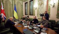 Ukraine's President Volodymyr Zelenskiy and British Prime Minister Boris Johnson attend a meeting, as Russia?s attack on Ukraine continues, in Kyiv, Ukraine April 9, 2022. (Ukrainian Presidential Press Service)