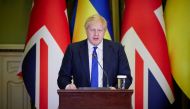 British Prime Minister Boris Johnson attends a news briefing with Ukraine's President Volodymyr Zelenskiy in Kyiv, Ukraine April 9, 2022. Ukrainian Presidential Press Service/Handout via REUTERS