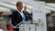Kim Clijsters of Belgium speaks as she is inducted into the International Tennis Hall of Fame in Newport, Rhode Island, U.S., July 22, 2017.   REUTERS/Brian Snyder