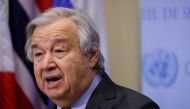 FILE PHOTO: United Nations Secretary-General Antonio Guterres speaks to the media regarding Russia's invasion of Ukraine, at the United Nations Headquarters in New York City, U.S., March 14, 2022. REUTERS/Andrew Kelly