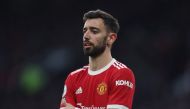 April 2, 2022 Manchester United's Bruno Fernandes reacts REUTERS/Russell Cheyne