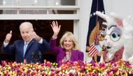 U.S. President Joe Biden and first lady Jill Biden gesture during the annual Easter Egg Roll at the White House in Washington, U.S. April 18, 2022. REUTERS/Jonathan Ernst