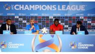 Al Duhail head coach Hernan Crespo (left) and striker Michael Olunga during a press conference yesterday.  