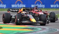 Red Bull's Max Verstappen and Ferrari's Charles Leclerc in action during the sprint race REUTERS/Massimo Pinca
