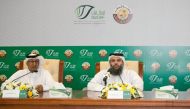 Head of ‘A Flower Each Spring’ Program Dr Saif Ali Al Hajri (left) and Director Department of Endowments Dr. Sheikh Khalid bin Mohammed bin Ghanem Al Thani addressing a press conference.