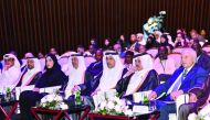 Minister of Labour H E Dr. Ali bin Smaikh Al Marri, Chairperson of the National Human Rights Committee Maryam Abdullah Al Attiyah, Chairman of Qatar Chamber Sheikh Khalifa bin Jassim Al Thani and other dignitaries during the conference.