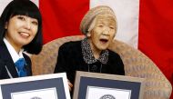 116-year-old Japanese woman Kane Tanaka celebrates during a ceremony to recognise her as the world's oldest person living and world's oldest woman living by the Guinness World Records in Fukuoka, Japan March 9, 2019. Mandatory credit Kyodo/via REUTERS