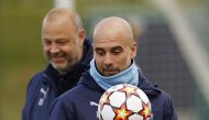 Manchester City manager Pep Guardiola and assistant coach Rodolfo Borrell during training Action Images via Reuters/Jason Cairnduff