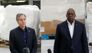 U.S. Defense Secretary Lloyd Austin and U.S. Secretary of State Antony Blinken speak with reporters after returning from their trip to Kyiv and meeting with Ukrainian President Volodymyr Zelenskiy, near the Ukraine border, in Poland, April 25, 2022. Alex Brandon/Pool via REUTERS