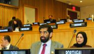 President of Planning and Statistics Authority H E Dr. Saleh bin Mohammed Al Nabit (left), along with Permanent Representative of Qatar to the UN, H E Sheikha Alya bint Ahmed Al Thani during the 55th session of the United Nations Commission on Population and Development, in New York.