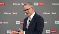 Australian Opposition Leader Anthony Albanese speaks during the first leaders' debate of the 2022 federal election, at the Gabba sports stadium, in Brisbane, April 20, 2022. AAP/ Jason Edwards via Reuters