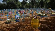 FILE PHOTO: A gravedigger works at the Parque Taruma cemetery amid the coronavirus outbreak in Manaus, Brazil, December 31, 2020. REUTERS/Bruno Kelly

