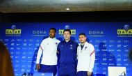 FROM LEFT: Paris Saint-Germain's French defender Presnel Kimpembe, Argentinian head coach Mauricio Pochettino and Italian midfielder Marco Verratti during a press conference in Doha, yesterday. Pic. Mohamed Farag
