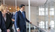 Amir H H Sheikh Tamim bin Hamad Al Thani during his visit to German Bundestag (Parliament). Also seen is Parliament President H E Baerbel Bas.