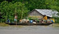 Flood-affected people ferry their cattle to safer places through a flooded field after heavy rains in Nagaon district, in the northeastern state of Assam, India May 19, 2022. REUTERS/Anuwar Hazarika



