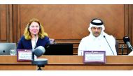 Dr. Sheikh Thani bin Ali Al Thani, QICCA’s Board Member for International Relations with Virginie Colaiuta, Partner at LMS Legal and Visiting Fellow at the King’s College London, during the seminar, recently. 