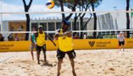 Qatar’s Cherif Younousse and Ahmed Tijan in action during their opening match of the FIVB Beach Volleyball World Championships Rome 2022, yesterday.