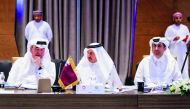 Qatar Chamber’s Chairman Sheikh Khalifa bin Jassim Al Thani, Board Member Abdul Rahman bin Abdul Jalil Al Abdul Ghani, and General Manager Saleh bin Hamad Al Sharqi, during the GCC meeting in Oman, yesterday. 