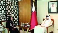Minister of Commerce and Industry H E Sheikh Mohammed bin Hamad bin Qassim Al Thani with the Minister of Trade and Industry of the Arab Republic of Egypt H E Nevine Gamea, during the meeting. 